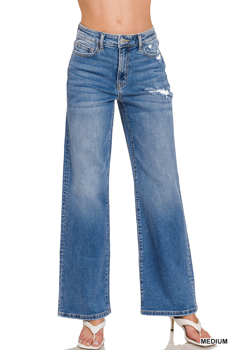 HIGH WAIST STRAIGHT LEG MEDIUM WASH DENIM PANTS