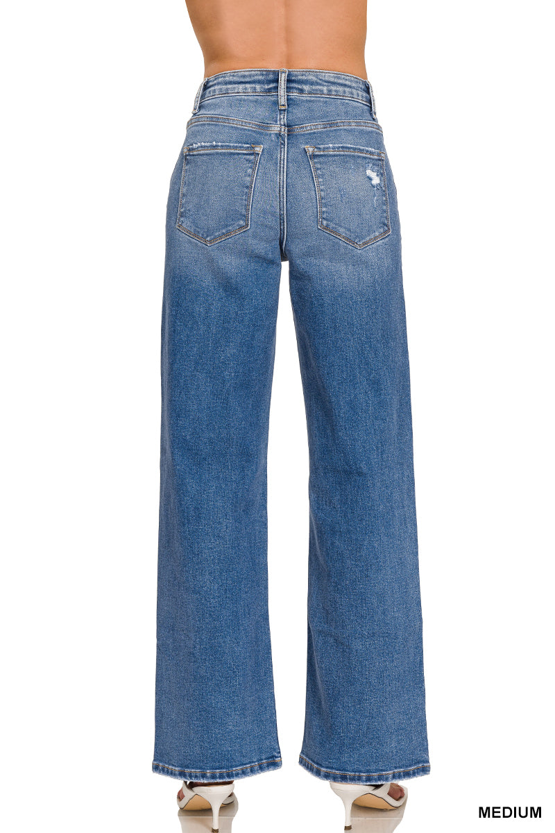 HIGH WAIST STRAIGHT LEG MEDIUM WASH DENIM PANTS