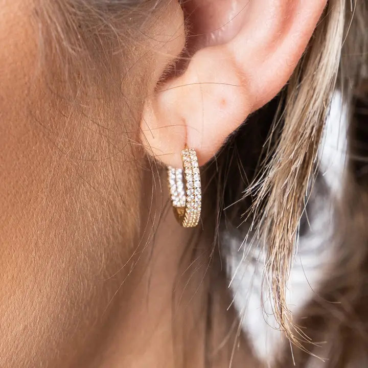 Double Rhinestone Gold Huggies Earrings