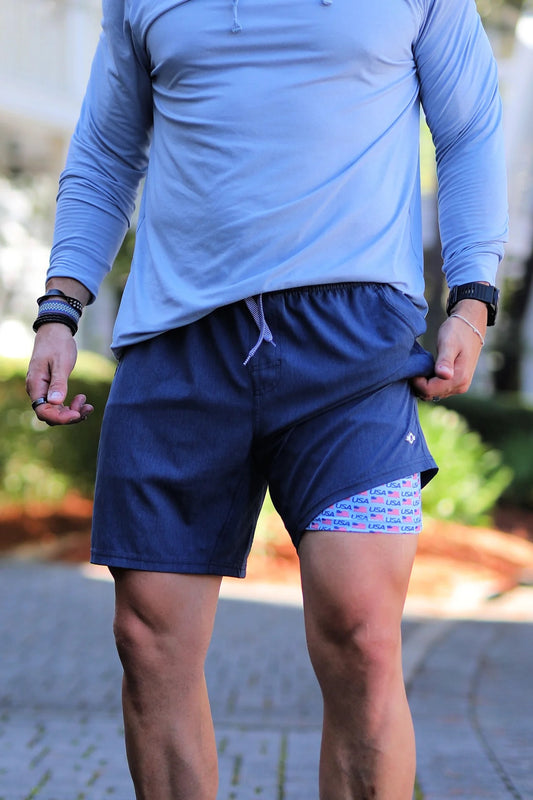 Athletic Shorts - Heather Navy USA Flag liner