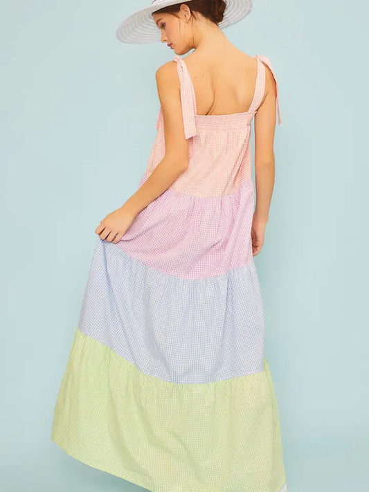 Self Tie Shoulder Color Block Maxi Dress