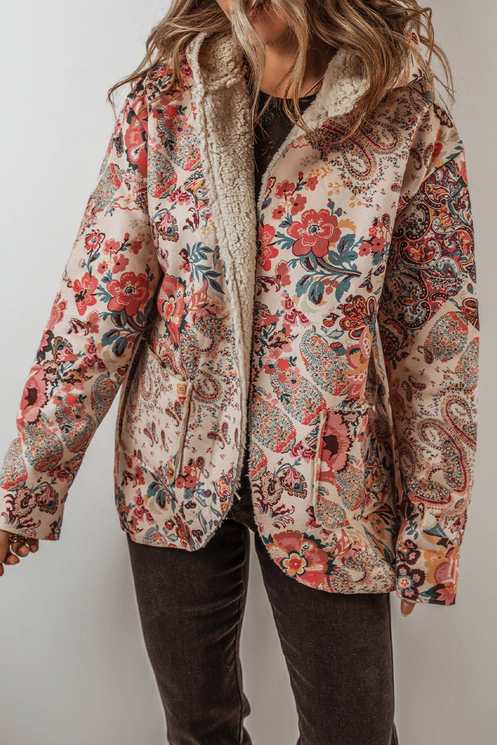 Vintage Paisley Floral Sherpa Lined Hooded Jacket